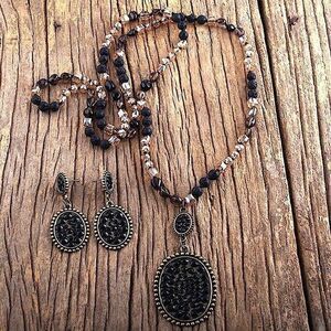 Artisan Crafted Long Beaded Necklace & Matching Drop Earrings Rustic Bohemian